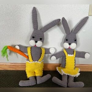 Vintage Hand Crochet Boy and Girl Bunny Rabbits with Clothes 24”x13” Set of 2